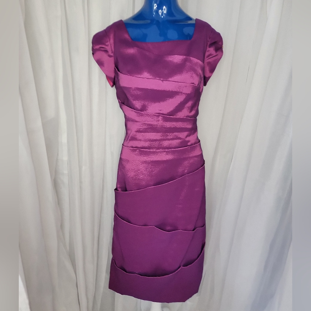 Purple iridescent cocktail dress with tulip sleeves